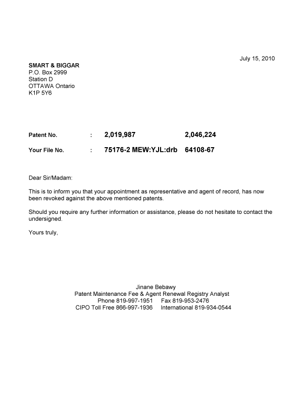 Canadian Patent Document 2019987. Correspondence 20100715. Image 1 of 1