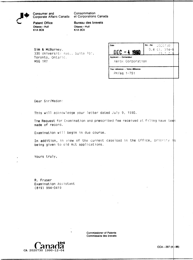 Document de brevet canadien 2020730. Lettre du bureau 19901204. Image 1 de 1