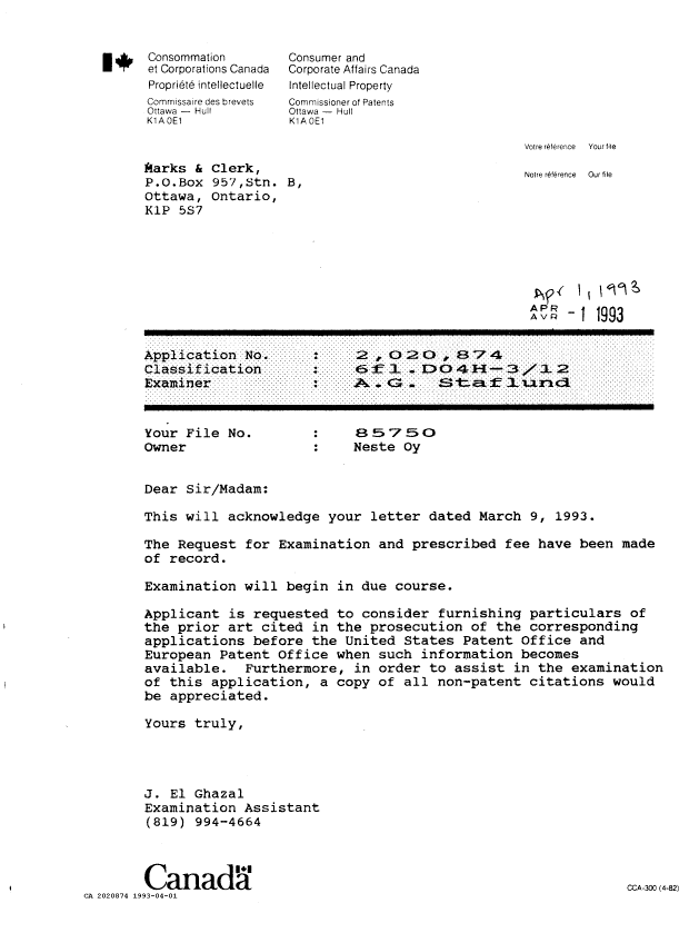 Canadian Patent Document 2020874. Correspondence 19921201. Image 1 of 1