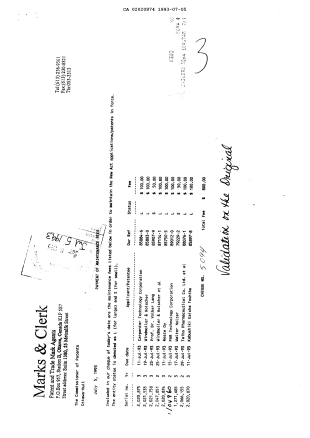 Canadian Patent Document 2020874. Fees 19921205. Image 1 of 1