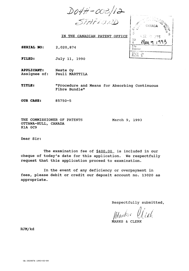 Canadian Patent Document 2020874. Prosecution-Amendment 19921209. Image 1 of 1