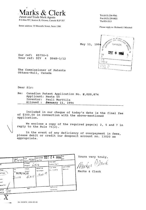 Canadian Patent Document 2020874. Correspondence 19931206. Image 1 of 1
