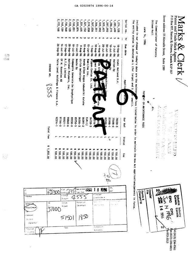 Canadian Patent Document 2020874. Fees 19951214. Image 1 of 1
