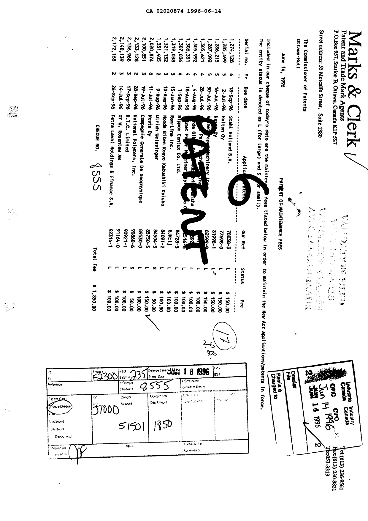 Document de brevet canadien 2020874. Taxes 19951214. Image 1 de 1