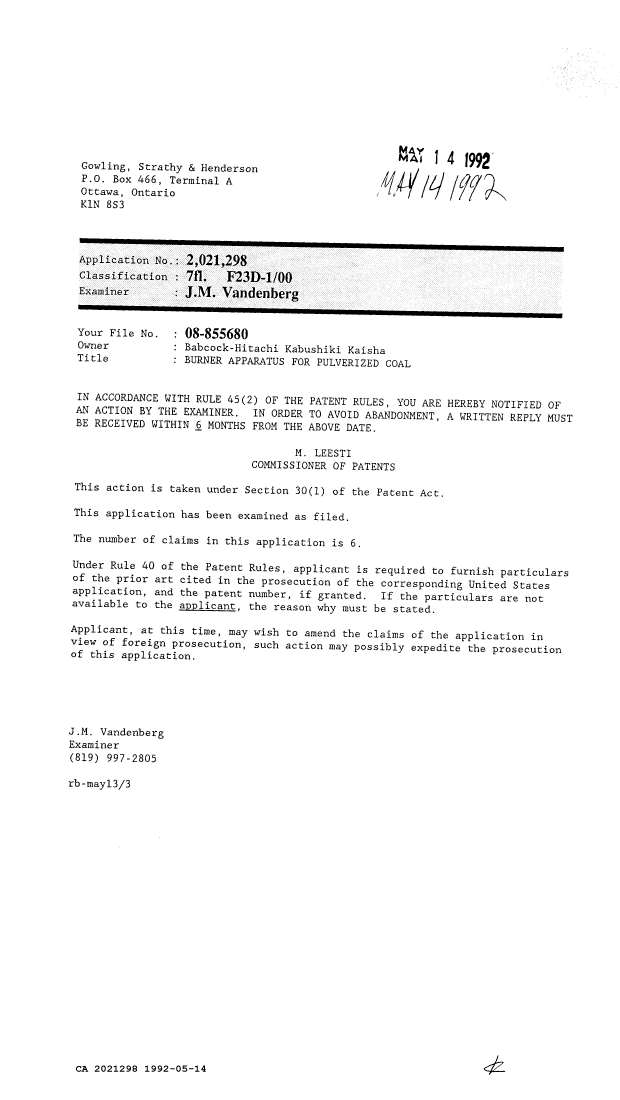Canadian Patent Document 2021298. Examiner Requisition 19920514. Image 1 of 1