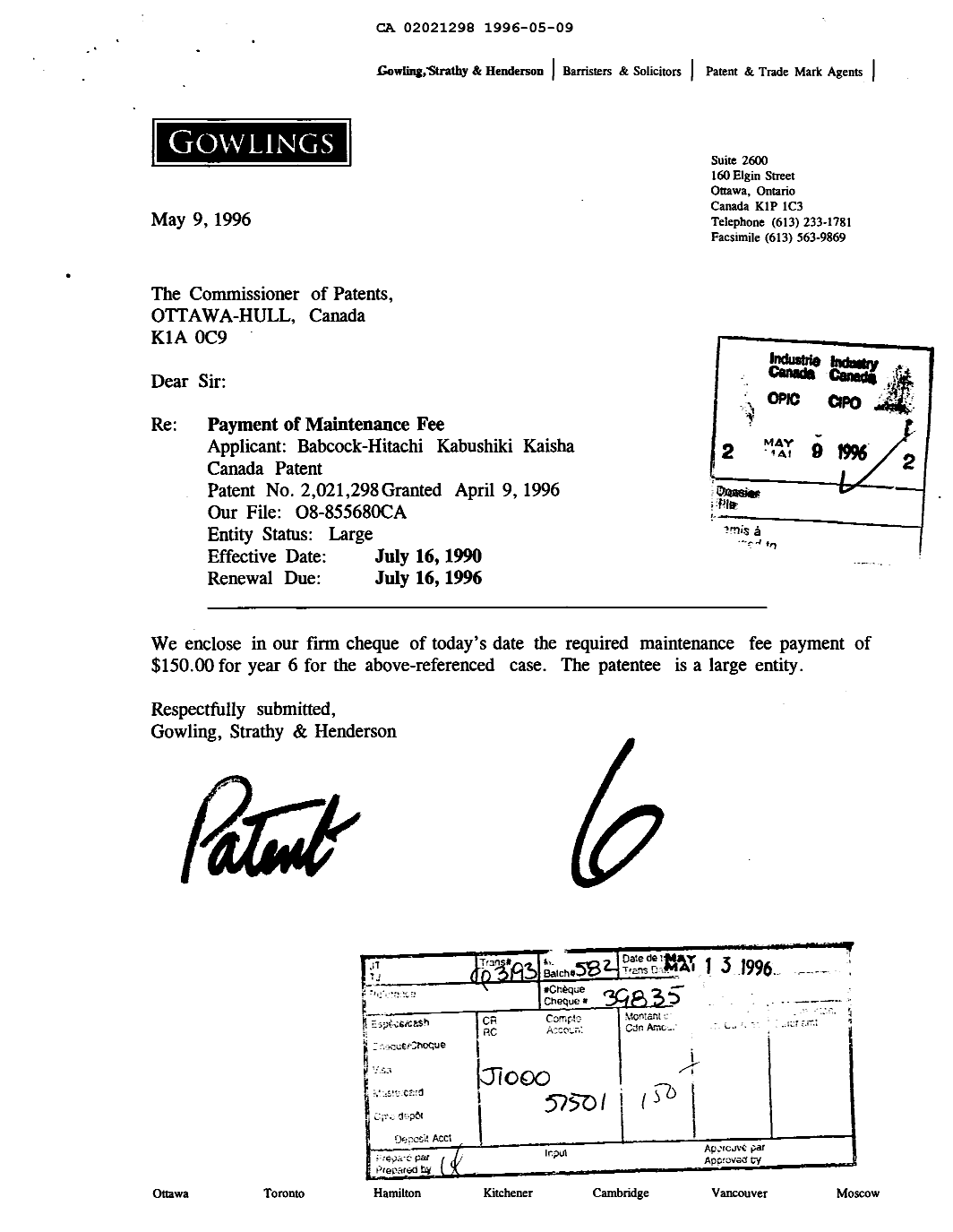 Canadian Patent Document 2021298. Fees 19960509. Image 1 of 1