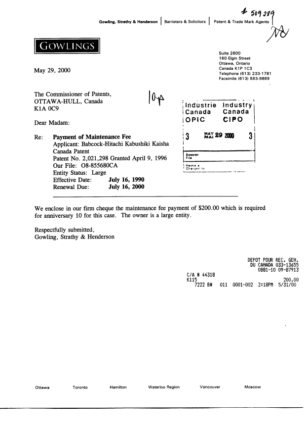 Document de brevet canadien 2021298. Taxes 20000529. Image 1 de 1