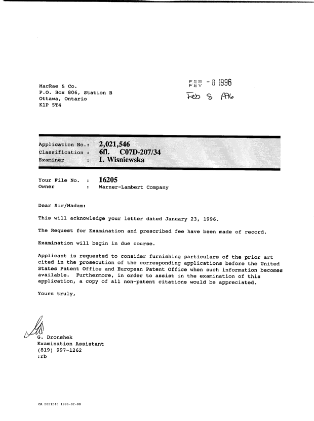 Canadian Patent Document 2021546. Correspondence 19951208. Image 1 of 2