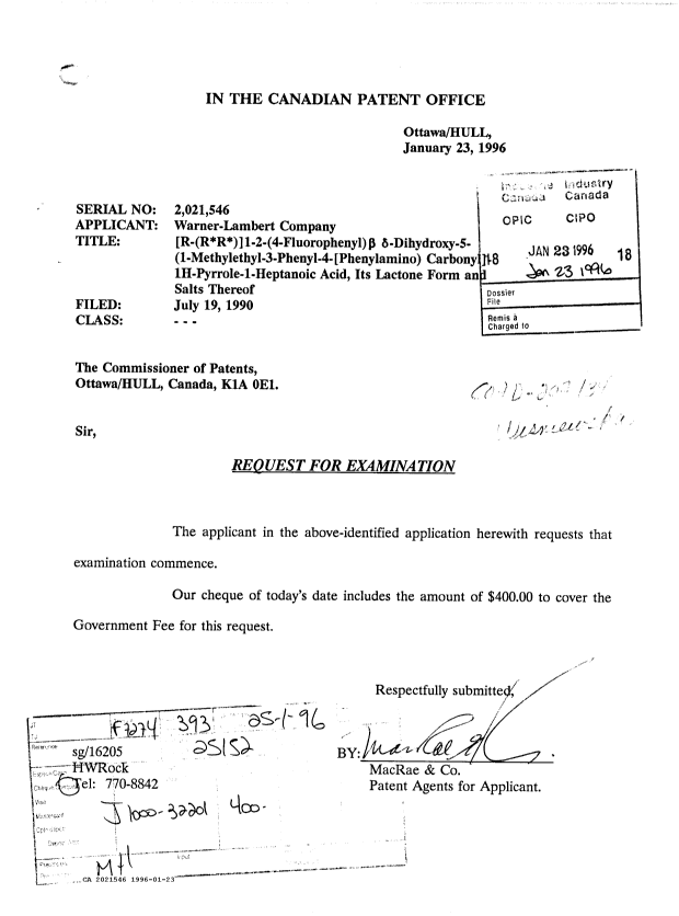 Canadian Patent Document 2021546. Prosecution-Amendment 19951223. Image 1 of 1