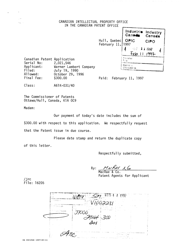 Canadian Patent Document 2021546. Correspondence 19961211. Image 1 of 1