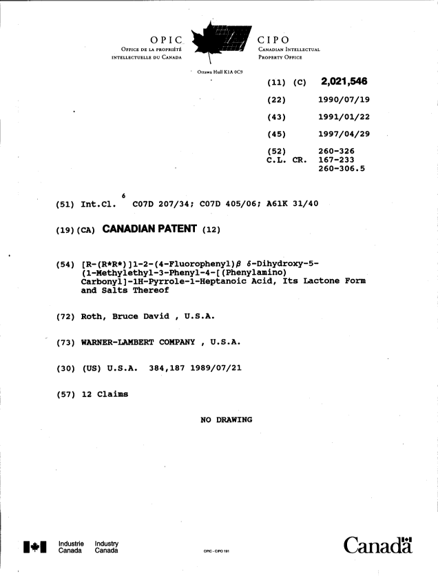 Canadian Patent Document 2021546. Cover Page 19971212. Image 1 of 1