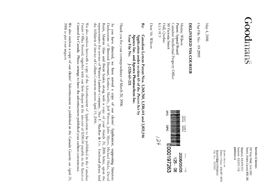 Document de brevet canadien 2021546. Correspondance 20051205. Image 1 de 14