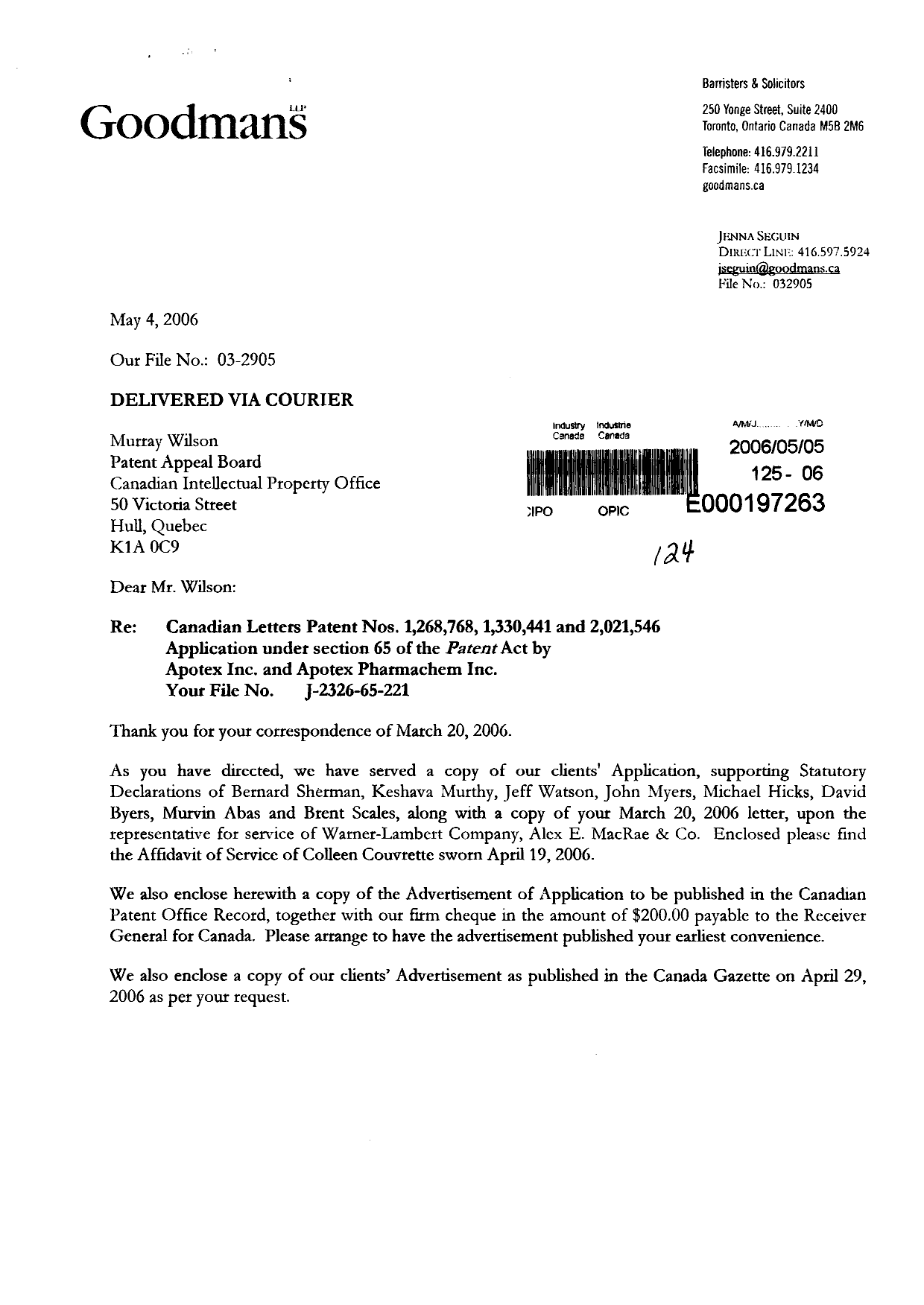 Document de brevet canadien 2021546. Correspondance 20051205. Image 1 de 17