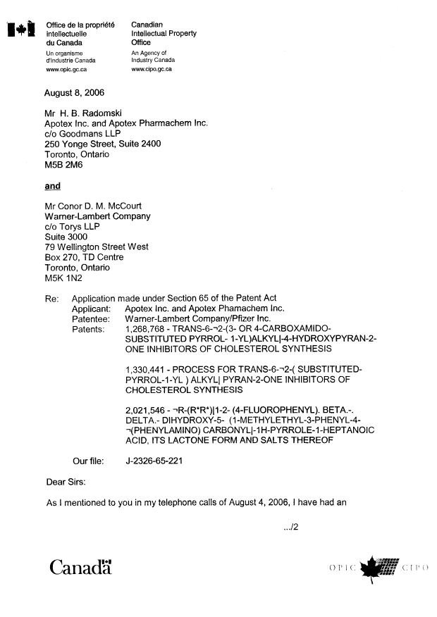Canadian Patent Document 2021546. Correspondence 20051208. Image 1 of 2