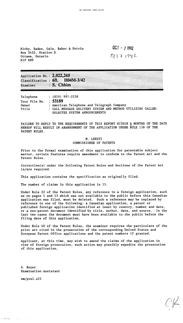 Canadian Patent Document 2022265. Prosecution-Amendment 19911207. Image 1 of 1