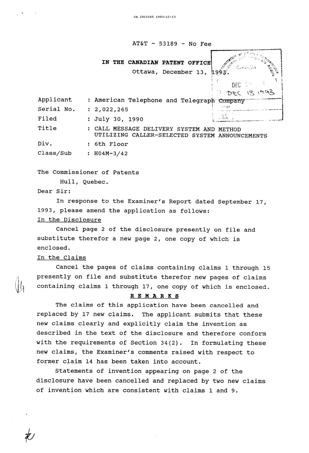 Canadian Patent Document 2022265. Prosecution-Amendment 19921213. Image 1 of 2