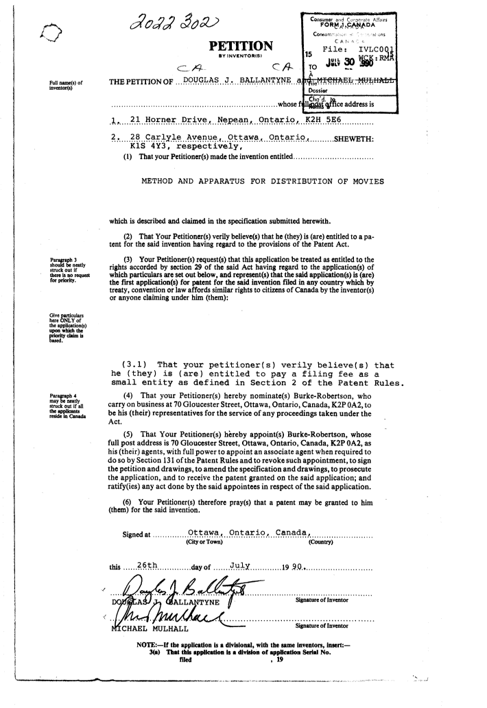 Canadian Patent Document 2022302. Correspondence 19900730. Image 1 of 1