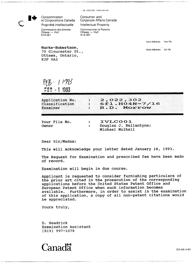 Canadian Patent Document 2022302. Office Letter 19930201. Image 1 of 2