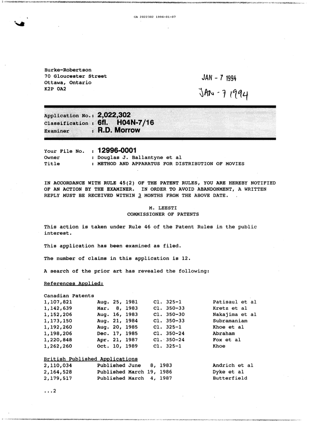 Canadian Patent Document 2022302. Examiner Requisition 19940107. Image 1 of 4