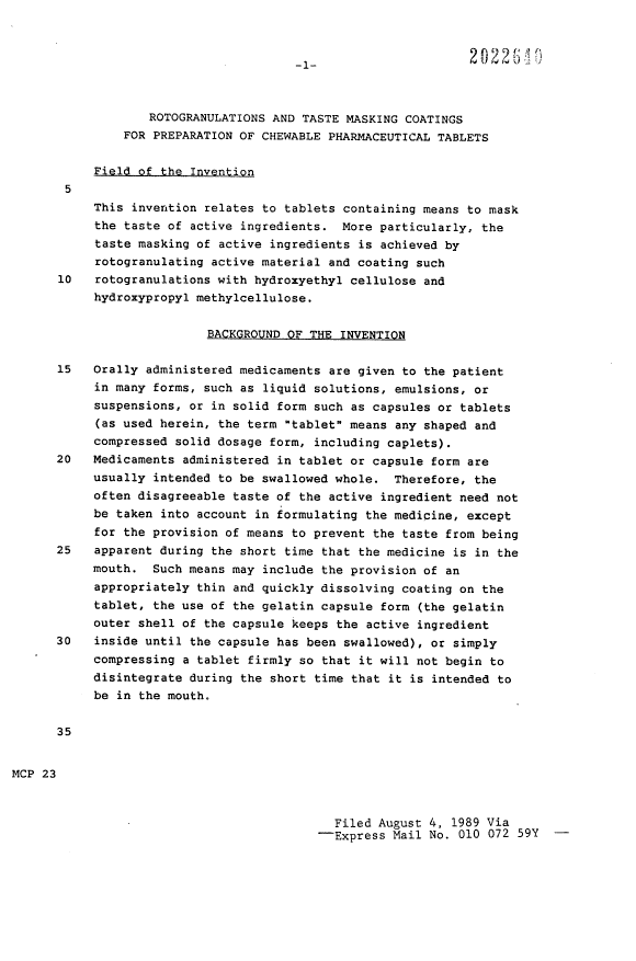 Canadian Patent Document 2022640. Description 19931209. Image 1 of 19