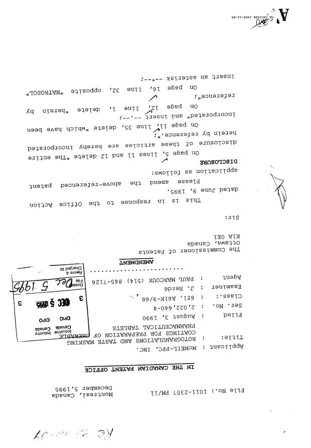 Canadian Patent Document 2022640. Prosecution-Amendment 19941205. Image 1 of 3