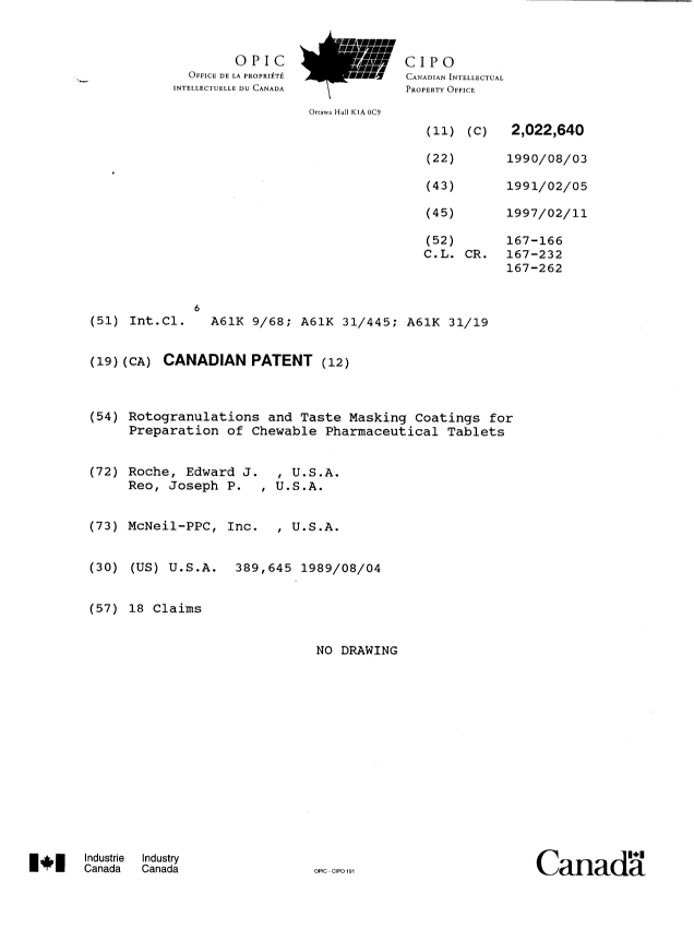 Canadian Patent Document 2022640. Cover Page 19961211. Image 1 of 1