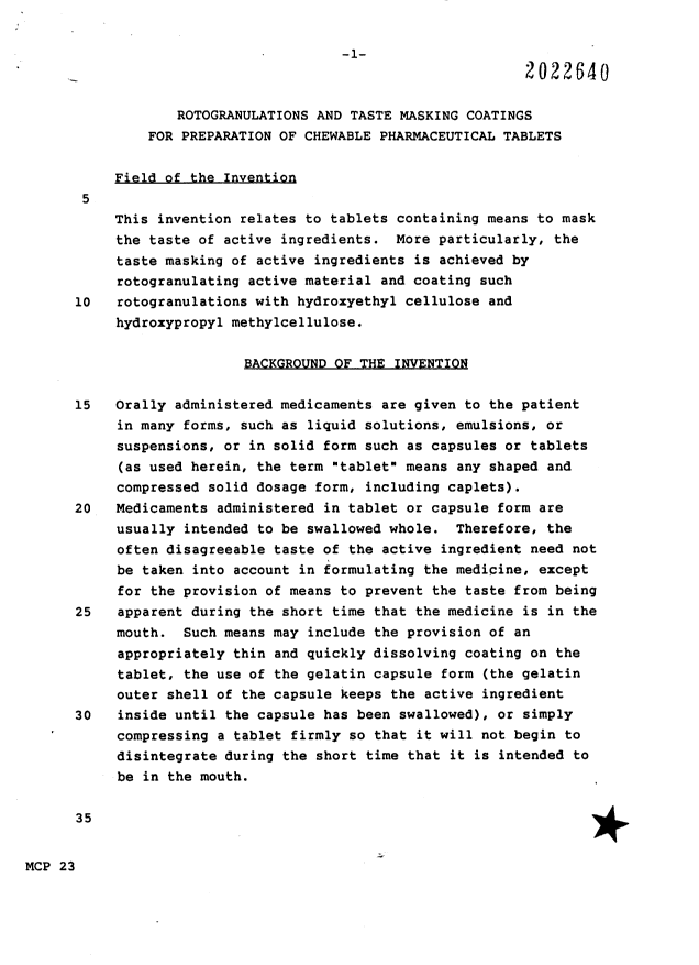 Canadian Patent Document 2022640. Description 19961211. Image 1 of 19