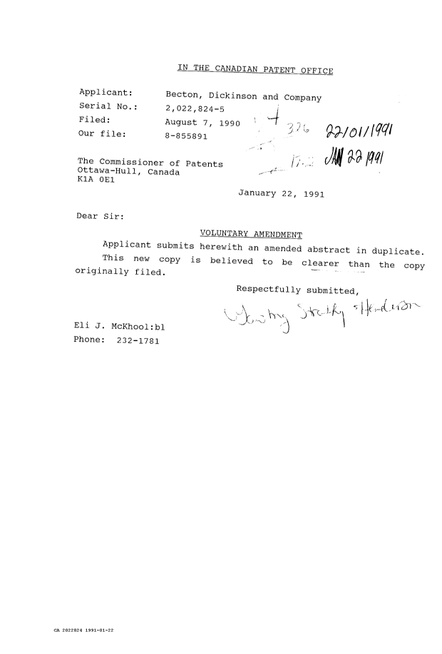 Canadian Patent Document 2022824. Prosecution Correspondence 19910122. Image 1 of 1