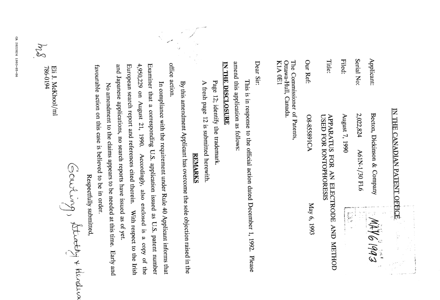 Canadian Patent Document 2022824. Prosecution Correspondence 19930506. Image 1 of 9