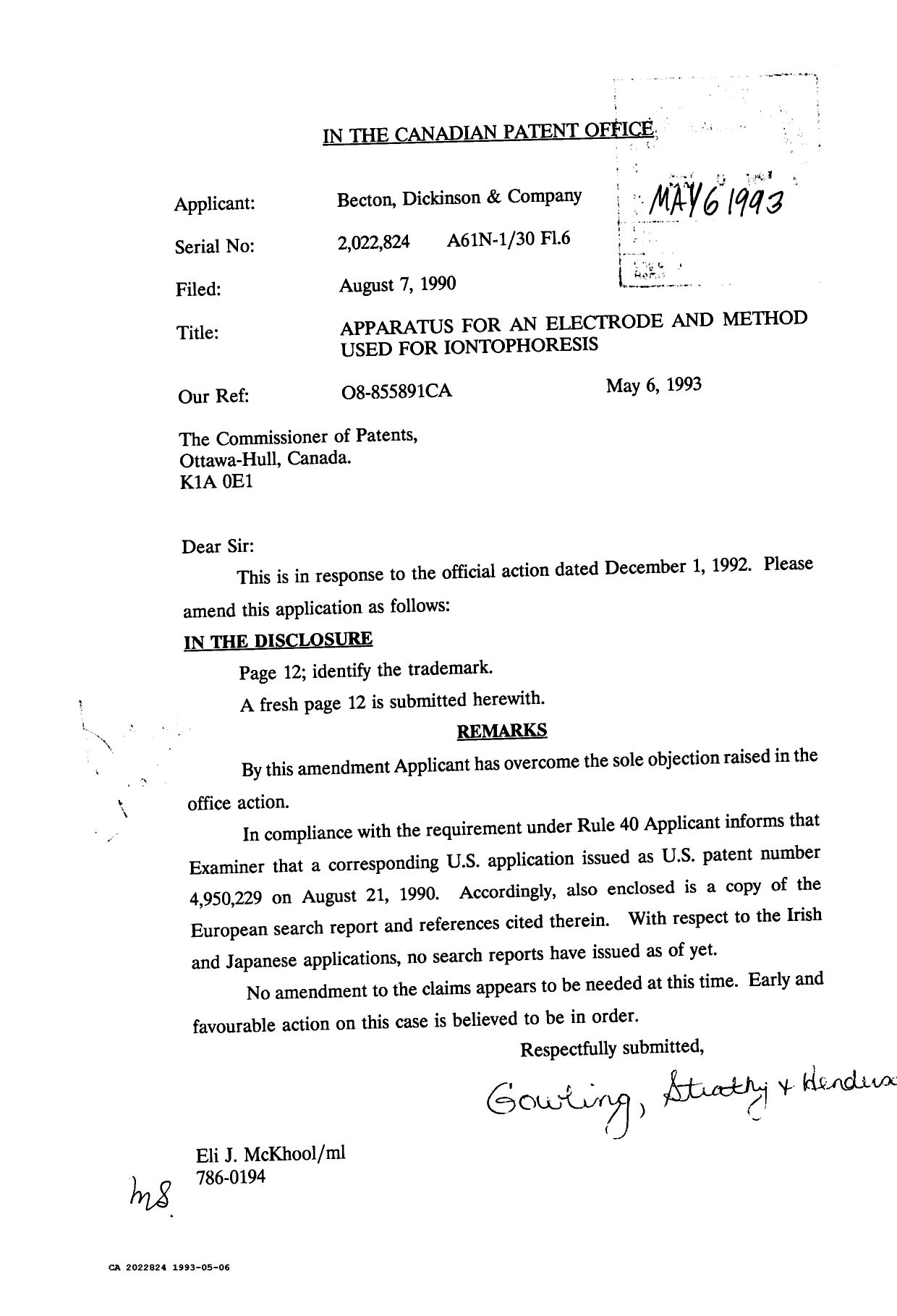 Canadian Patent Document 2022824. Prosecution Correspondence 19930506. Image 1 of 9