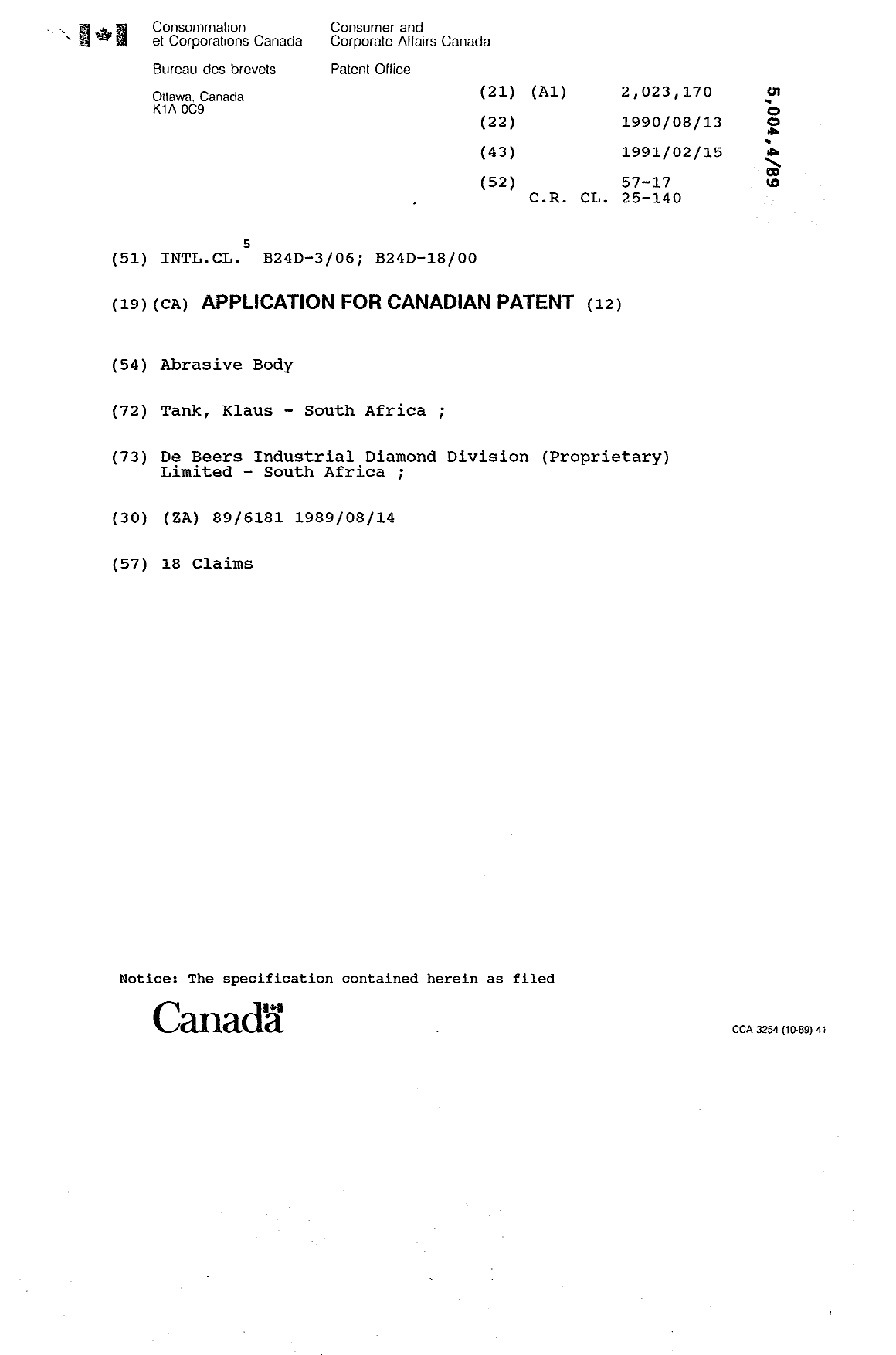 Document de brevet canadien 2023170. Page couverture 19910215. Image 1 de 1