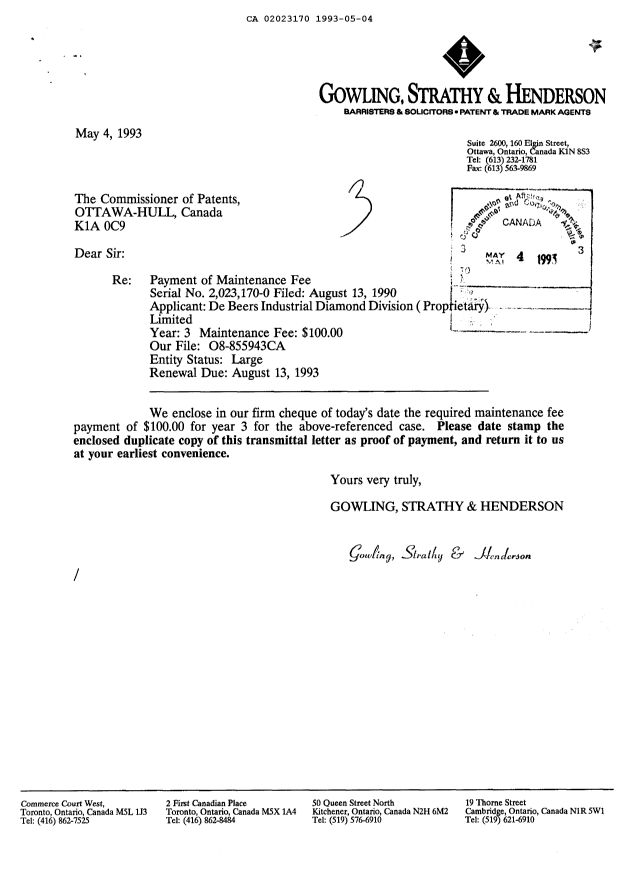 Document de brevet canadien 2023170. Taxes 19930504. Image 1 de 1