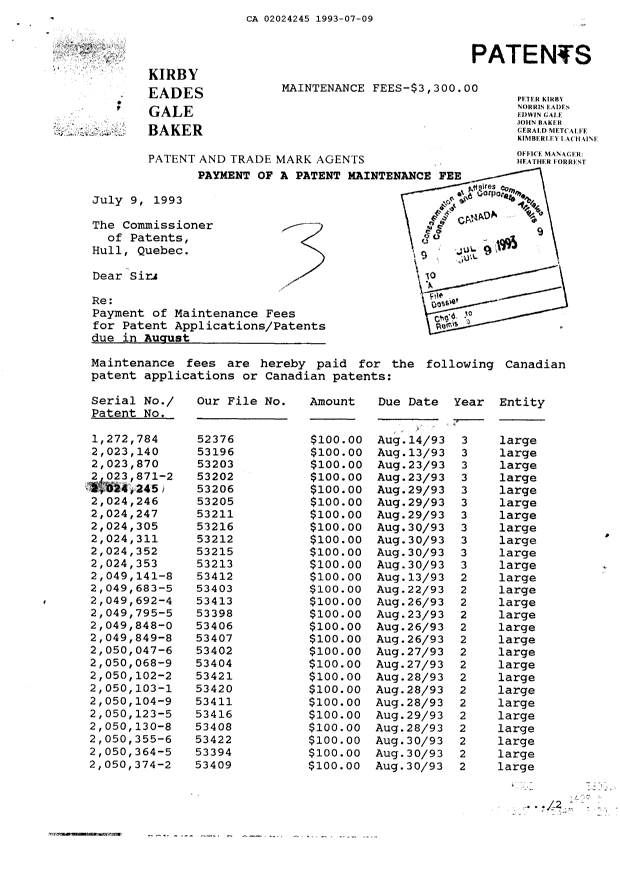 Document de brevet canadien 2024245. Taxes 19930709. Image 1 de 1