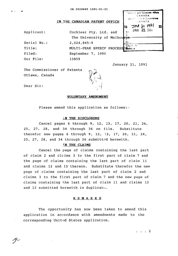 Canadian Patent Document 2024845. Prosecution-Amendment 19901221. Image 1 of 4