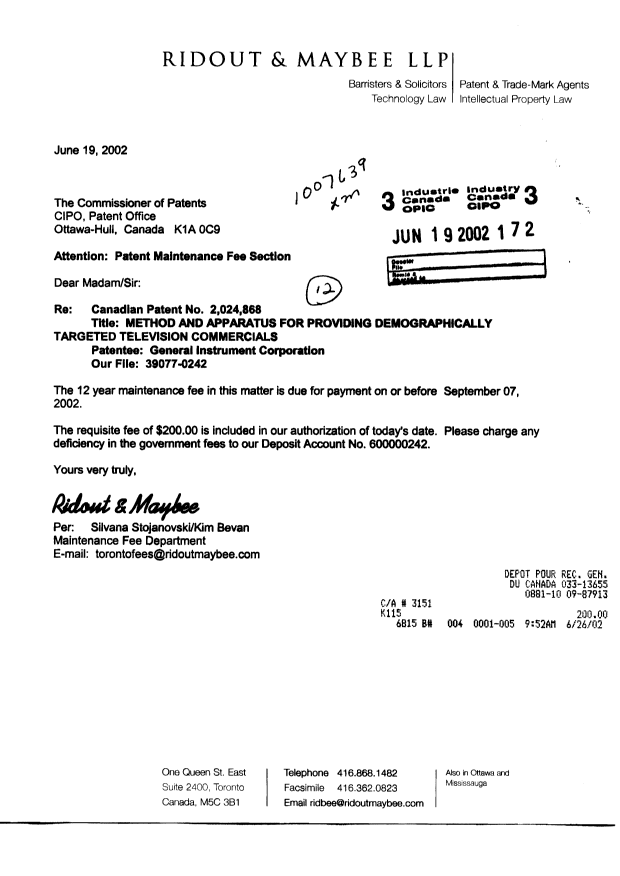 Canadian Patent Document 2024868. Fees 20020619. Image 1 of 1