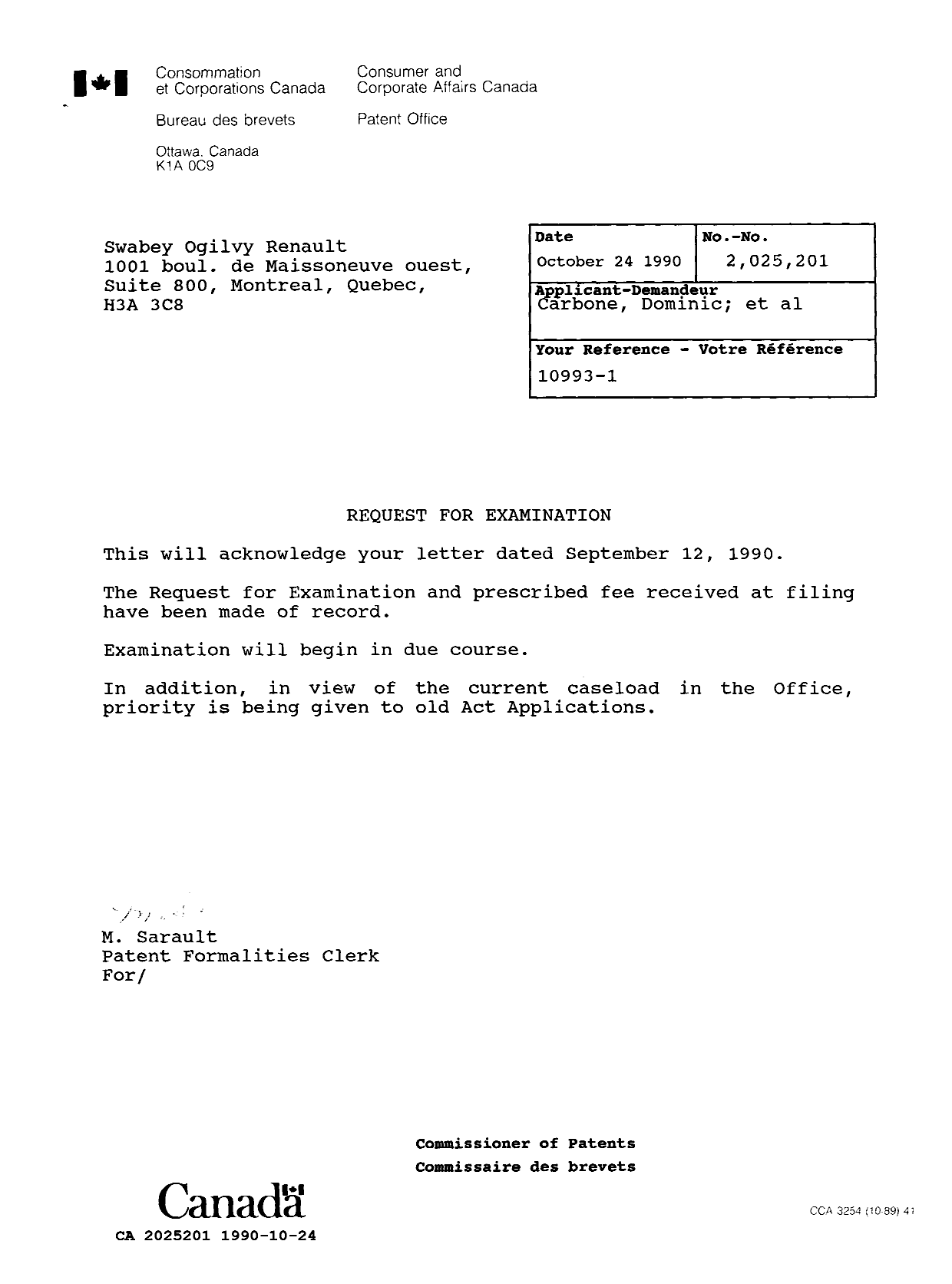 Canadian Patent Document 2025201. Office Letter 19901024. Image 1 of 1