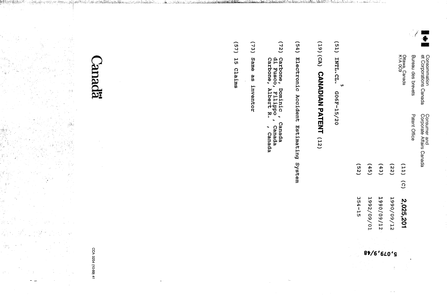 Canadian Patent Document 2025201. Cover Page 19940709. Image 1 of 1