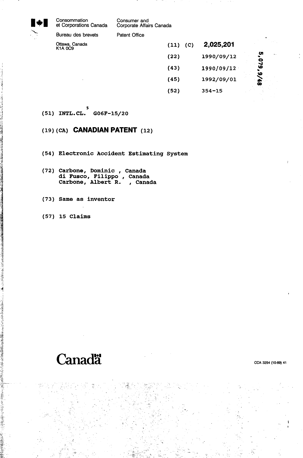 Canadian Patent Document 2025201. Cover Page 19940709. Image 1 of 1