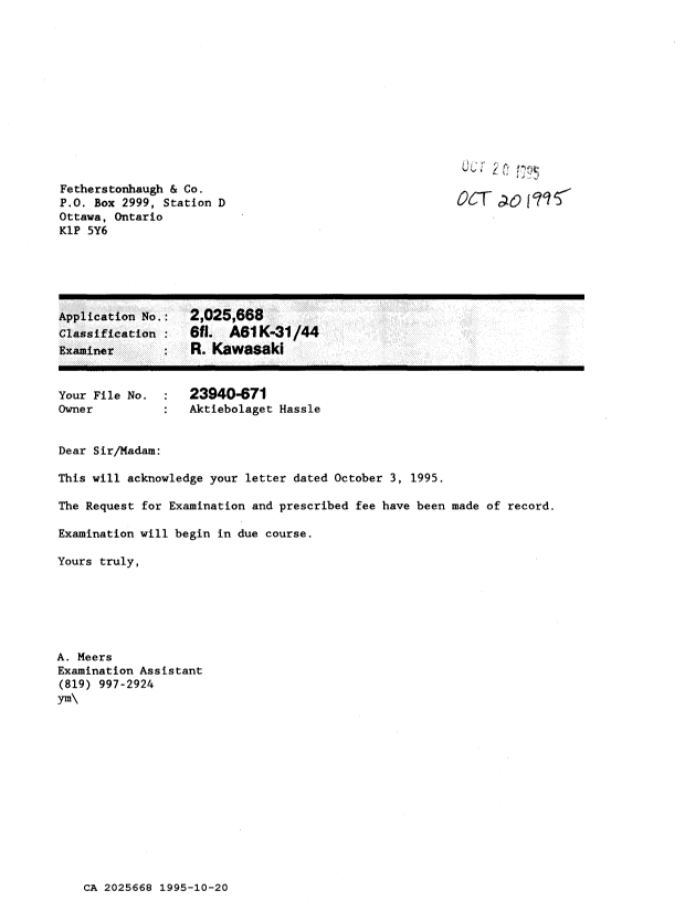 Canadian Patent Document 2025668. Correspondence 19941220. Image 1 of 1
