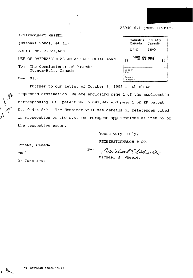 Canadian Patent Document 2025668. Prosecution-Amendment 19951227. Image 1 of 1