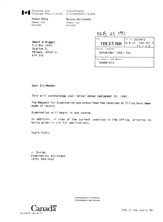 Canadian Patent Document 2025872. Office Letter 19910225. Image 1 of 1
