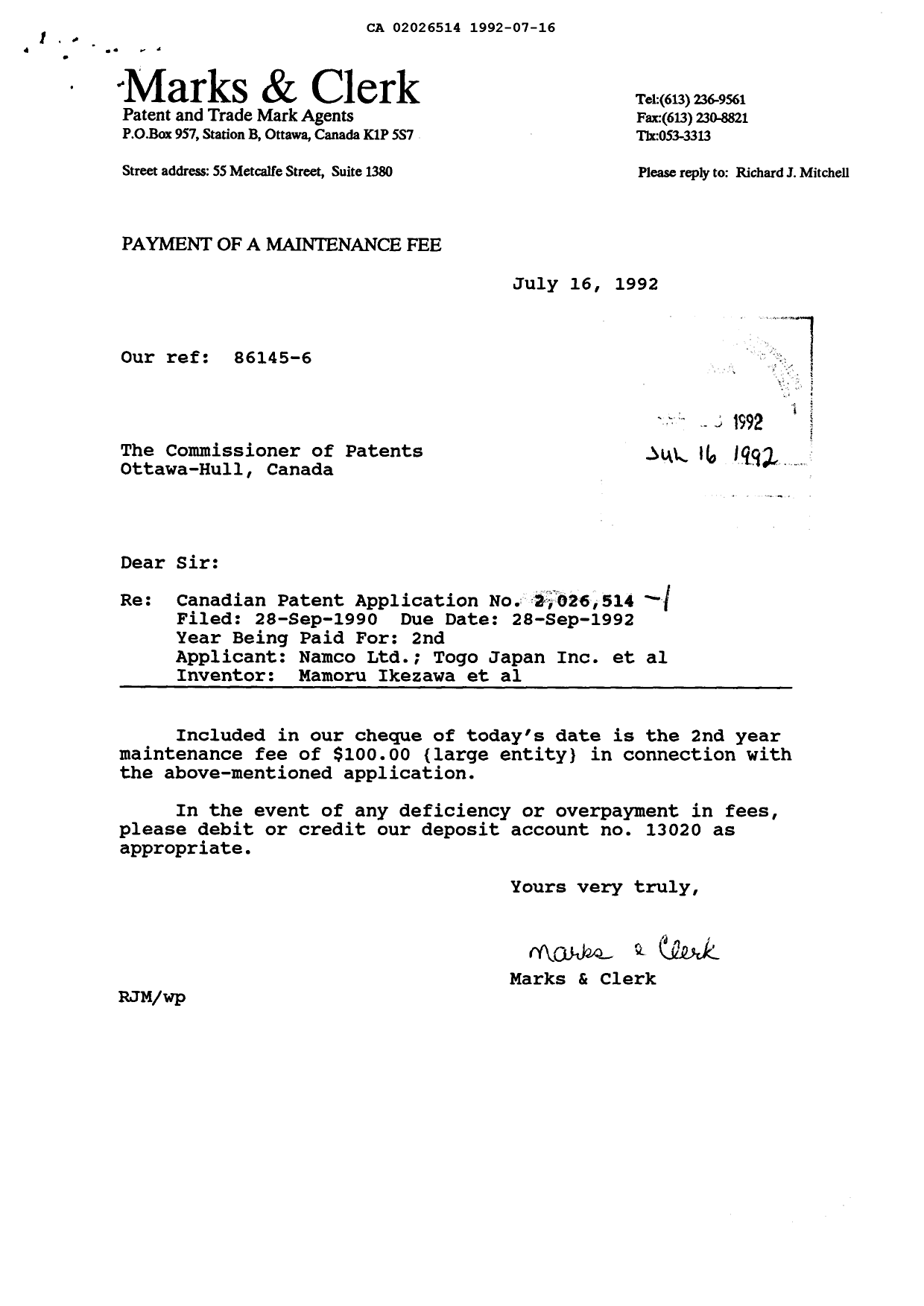 Canadian Patent Document 2026514. Fees 19920716. Image 1 of 1