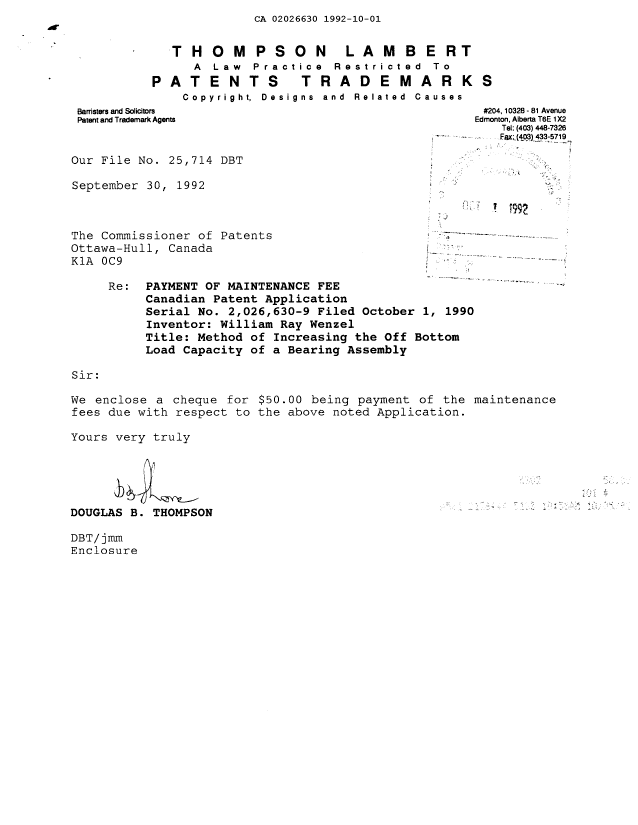 Canadian Patent Document 2026630. Fees 19911201. Image 1 of 1
