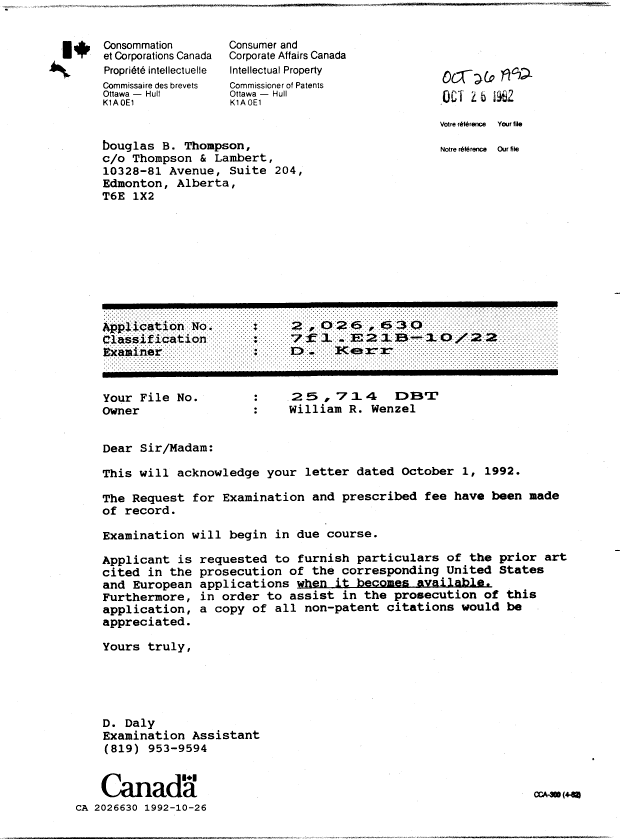 Document de brevet canadien 2026630. Correspondance 19911226. Image 1 de 1