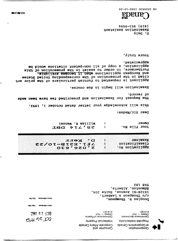 Canadian Patent Document 2026630. Correspondence 19911226. Image 1 of 1