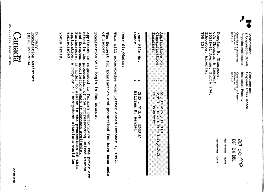 Document de brevet canadien 2026630. Correspondance 19911226. Image 1 de 1