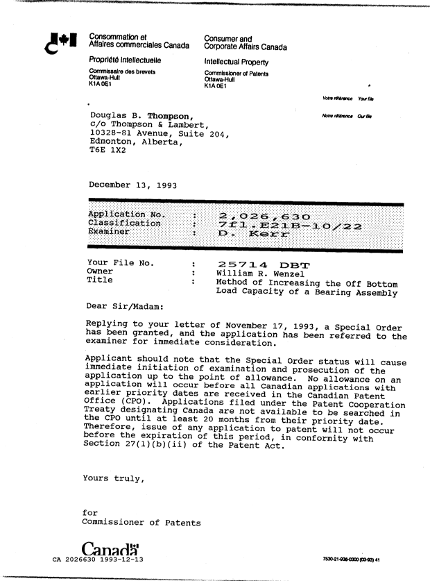Document de brevet canadien 2026630. Correspondance 19921213. Image 1 de 1