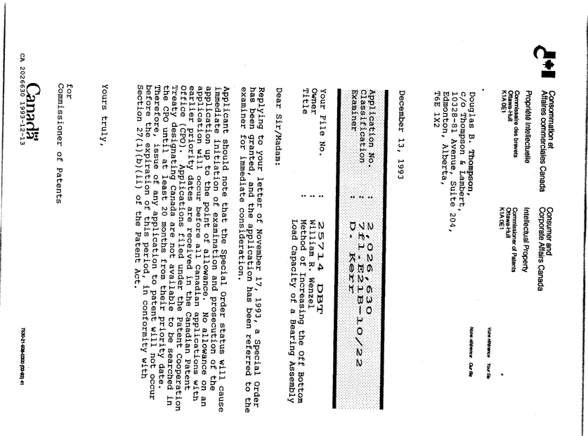 Canadian Patent Document 2026630. Correspondence 19921213. Image 1 of 1