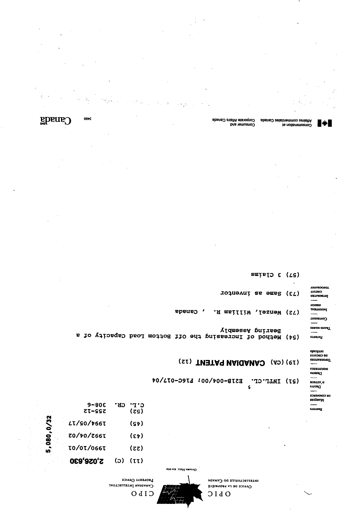 Canadian Patent Document 2026630. Cover Page 19931209. Image 1 of 1