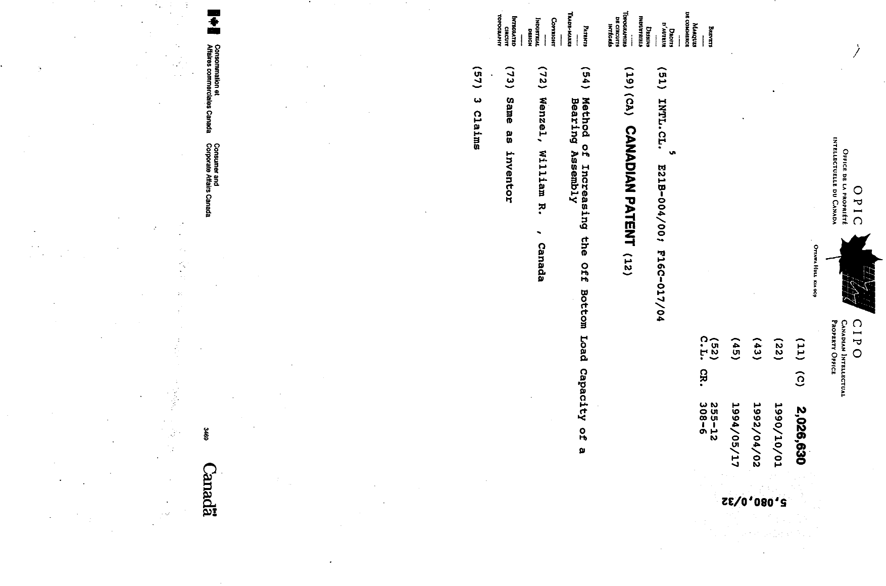 Canadian Patent Document 2026630. Cover Page 19931209. Image 1 of 1